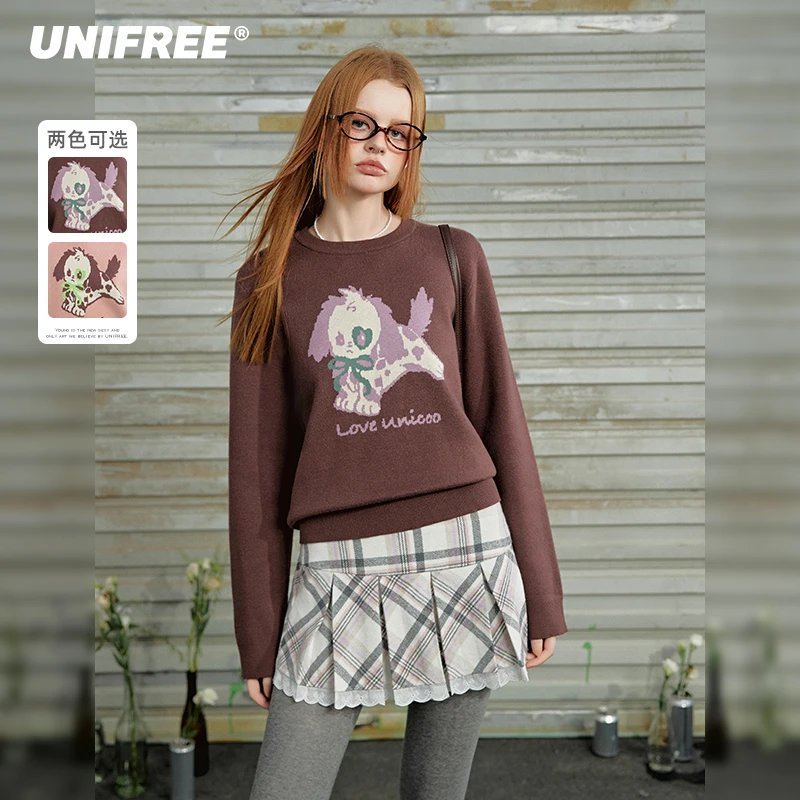 0031【金拐子专属】UNIFREE小狗提花圆领套头针织衫U243K001B2C2