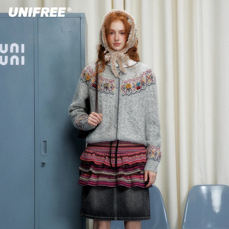 【UNIFREE】复古彩点针织衫 浅灰色-S-L-U244N133K2K2