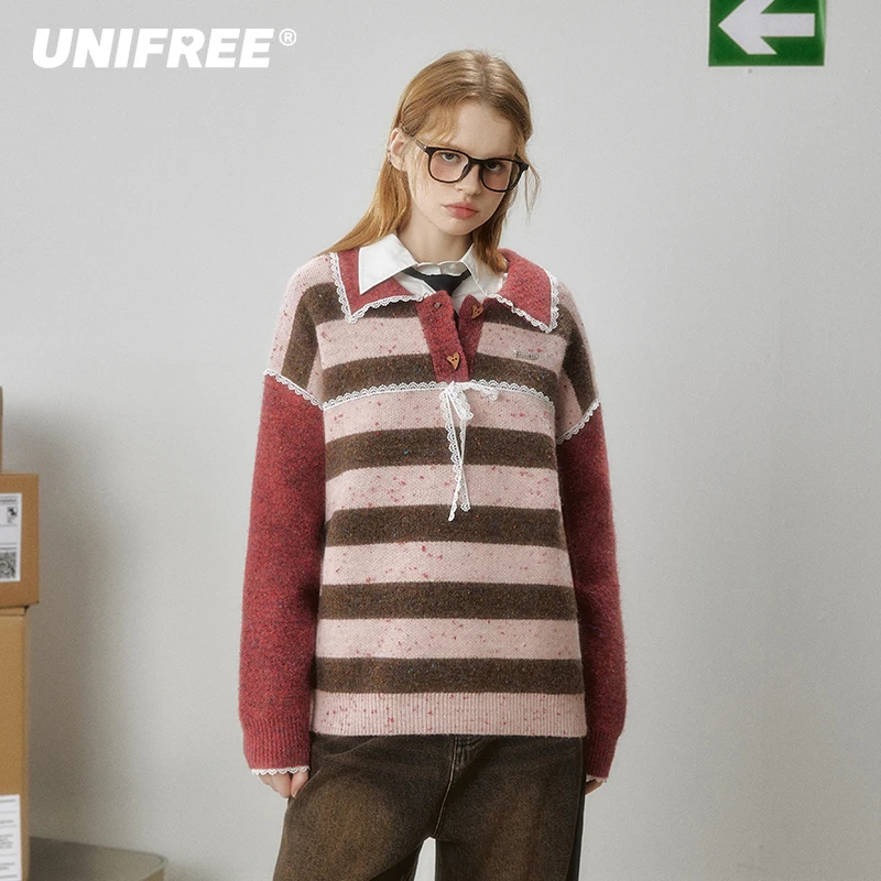 【芋总专属】UNIFREE条纹撞色蕾丝拼接针织衫U244K029C1K1