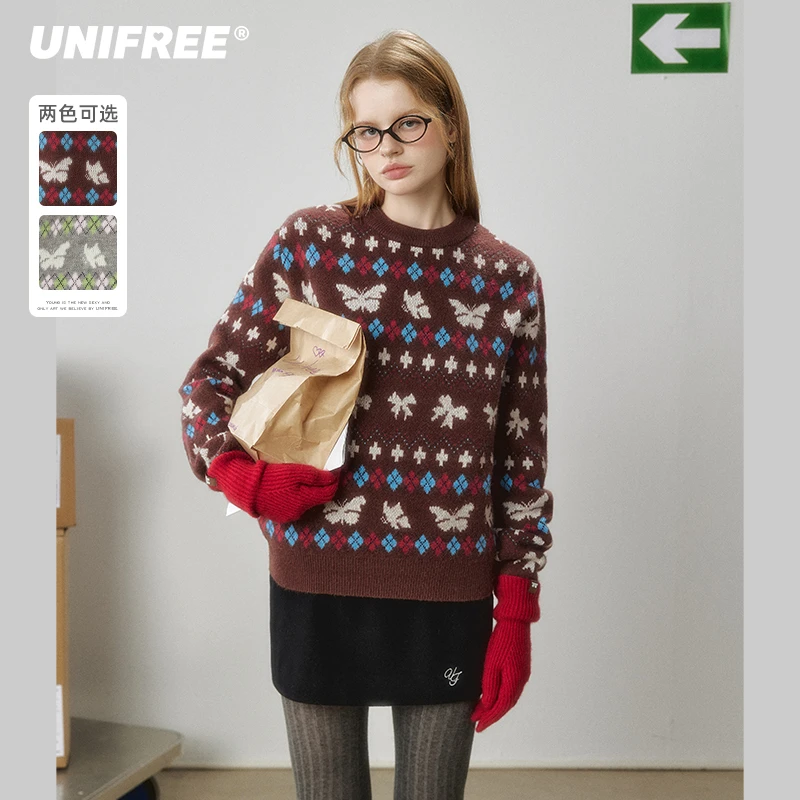 【芋总专属】UNIFREE菱形格宽松圆领套头针织衫U244K081K2A1