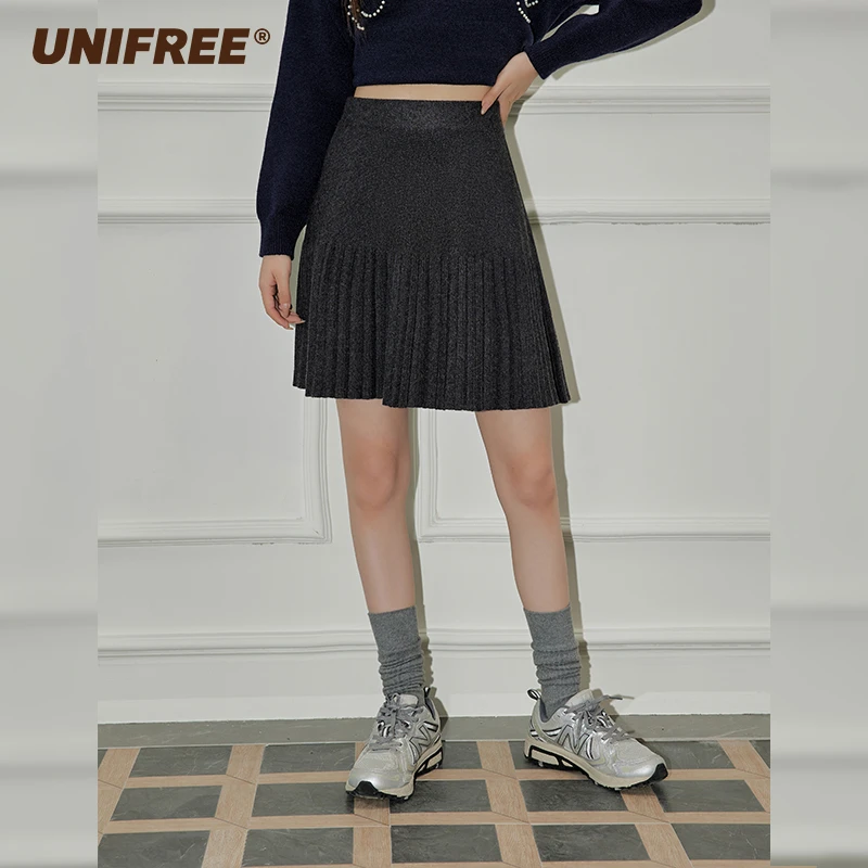 UNIFREE灰色针织半身裙女韩版新款高腰修身A字版百搭显瘦百褶裙子