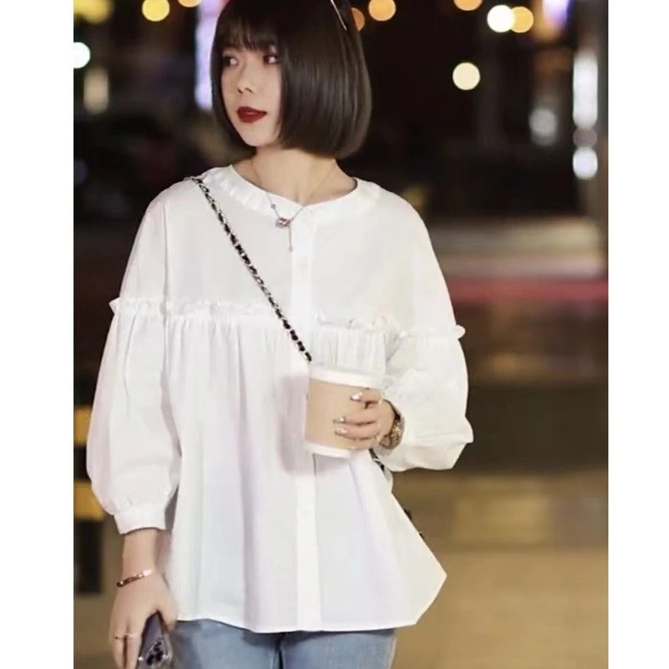 2025新款长袖白色衬衫女设计感小众木耳边宽松显瘦衬衣娃娃衫上衣
