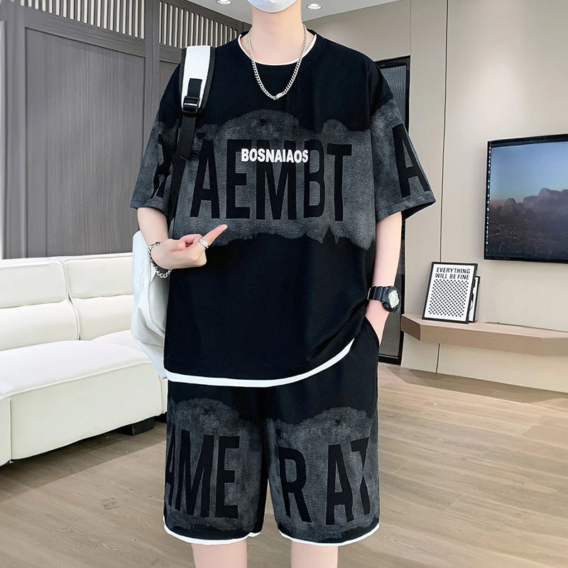 潮牌运动套装男夏季休闲时尚休闲帅气宽松大码短袖T恤短裤两件套