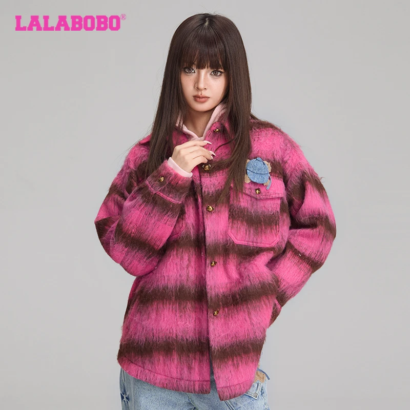 北京LALABOBO2024秋冬新款小熊格纹翻领外套/LBDC-WSHW12