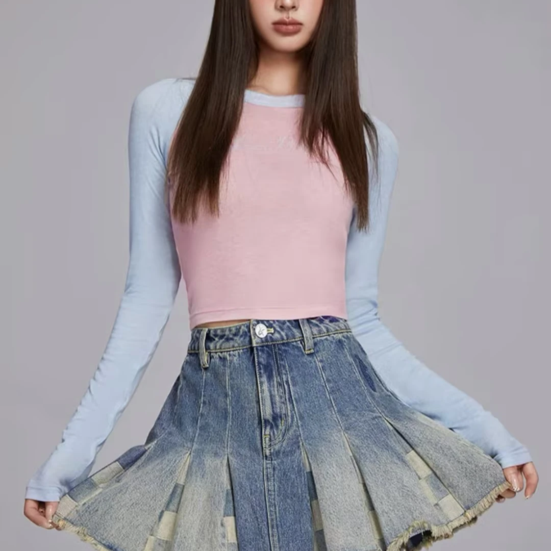 石家庄奥莱LALABOBO长袖早秋撞色圆领修身上衣RBDC-TM17