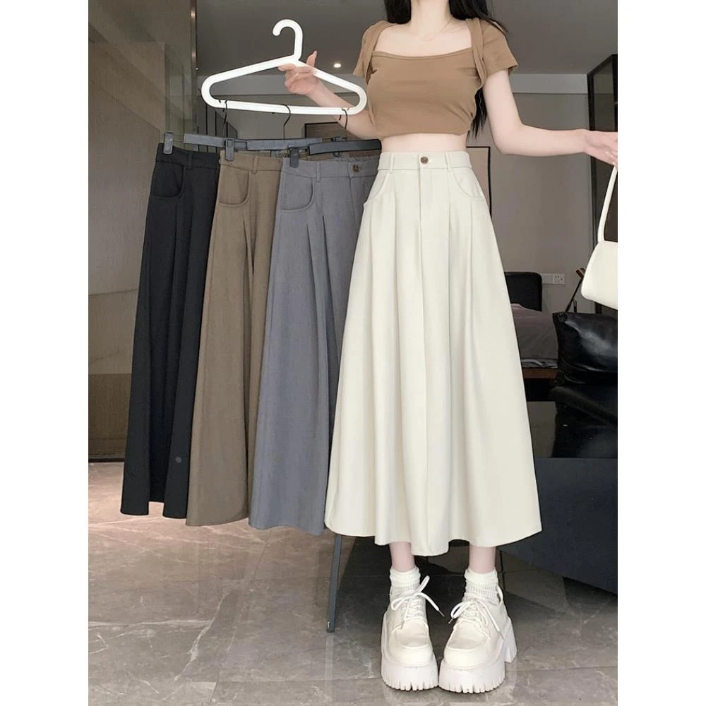 大码高腰西装半身裙女夏季胖中长款伞裙显瘦梨型身材字百褶裙