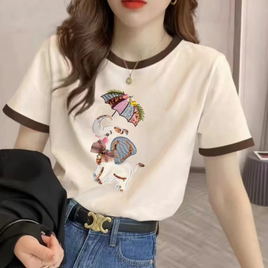 夏季宽松圆领印花休闲时尚百搭潮流拼接拼色短袖T恤ins-雨伞象
