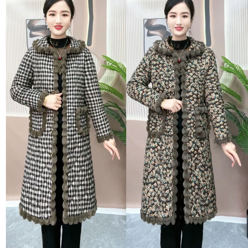 妈妈装冬季加绒加厚棉衣长款秋冬宽松大码棉服中老年时尚保暖棉袄