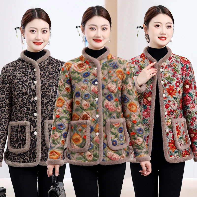 【新款】时尚保暖加绒立领外套中年妈妈大码棉服百搭冬季短款棉袄