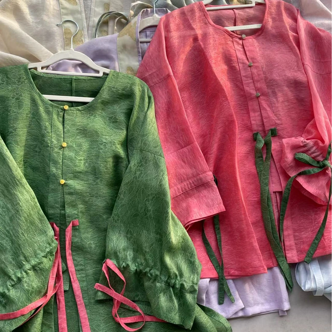汐舟 桃红柳绿圆领衫 花苞袖春夏日常汉服新品新中式中国风