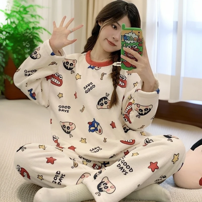 蜡笔小新睡衣小个子法兰绒秋冬款新款家居服睡衣套装可外穿