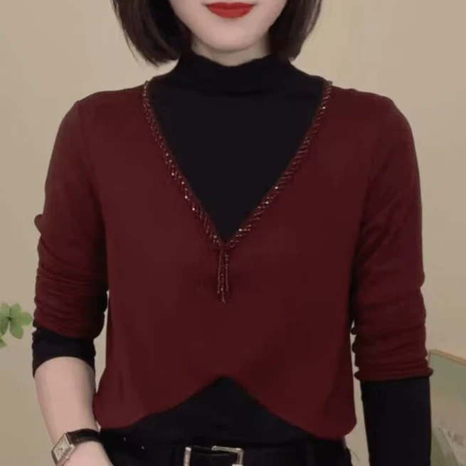 冬季新款加绒加厚拼色绒面时尚休闲T恤设计感气质女士小衫