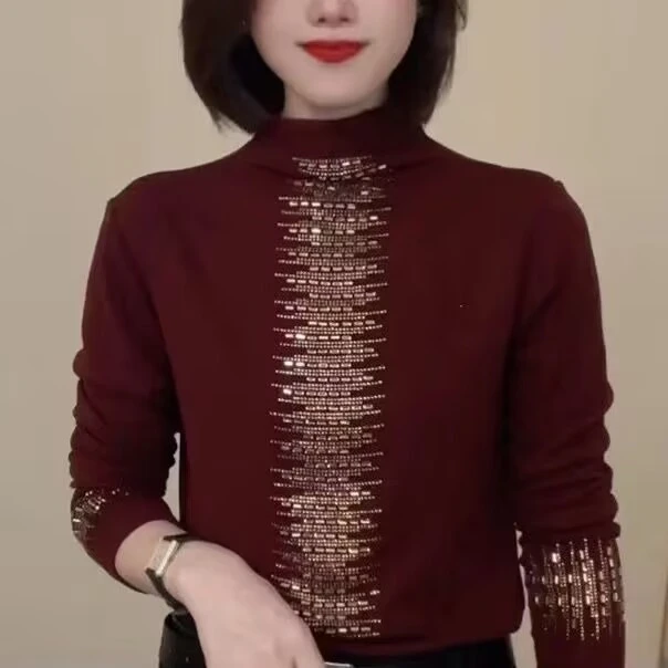 2024秋季洋气百搭半高领烫钻长袖打底衫上衣