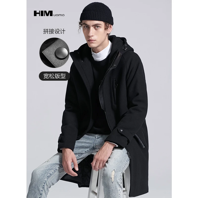 HIM漢崇 男反季折扣装连帽呢子大衣时尚拼接冬季休闲百搭毛呢外套