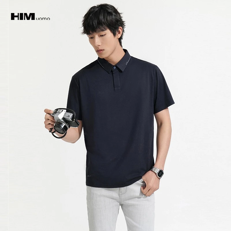 HIM漢崇 莫代尔翻领简约刺绣舒适休闲商务男士短袖POLO衫2025夏季