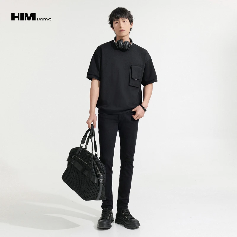 HIM漢崇 翻盖立体口袋短袖卫衣男简约舒适柔软休闲上衣 2025夏