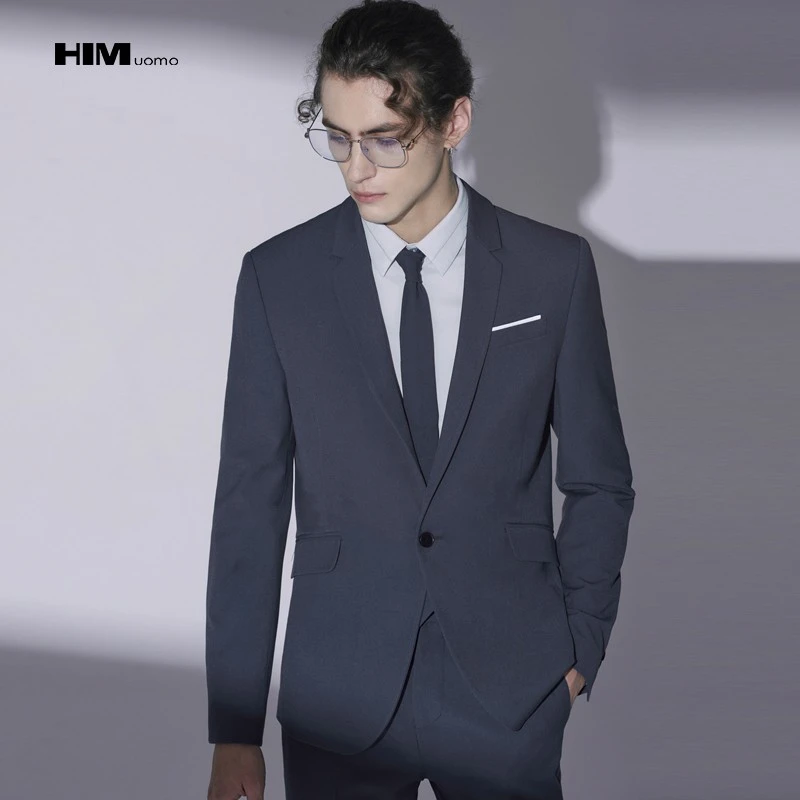HIM漢崇 西服套装高级感男手绢袋可拆款纯色修身商务免烫休闲套装