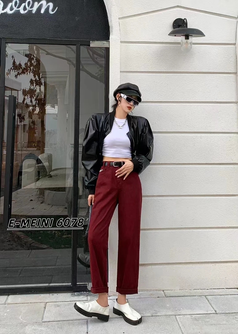 安可拉红男友裤时尚、百搭、宽松、显瘦、休闲直筒高腰长裤复古秋季