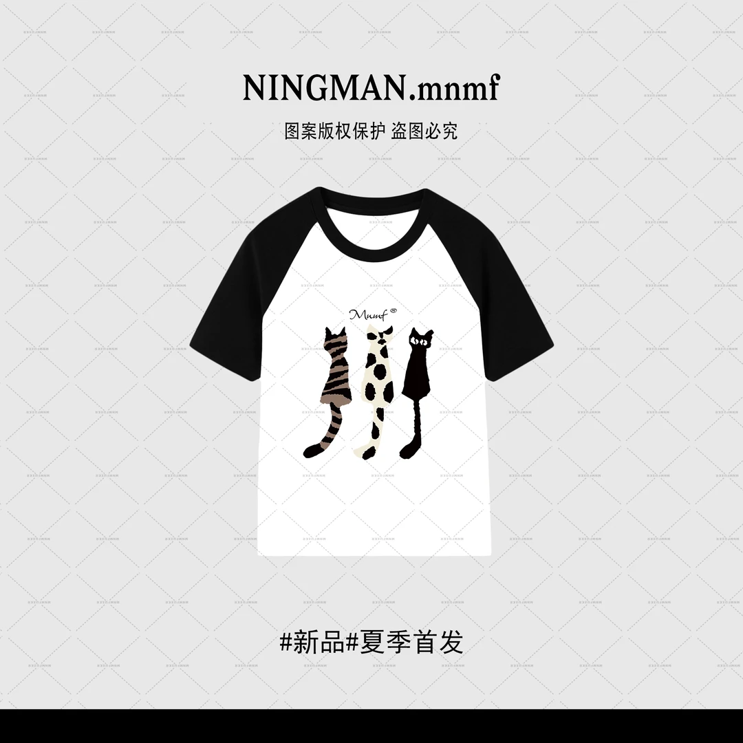 mnmf宽松设计感小众插肩短袖t恤女2024新款爆款纯棉显瘦上衣服ins