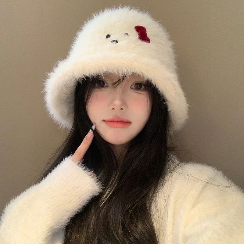 可爱蝴蝶结小狗白色毛绒渔夫帽女2024秋冬帽子大头围百搭保暖盆帽