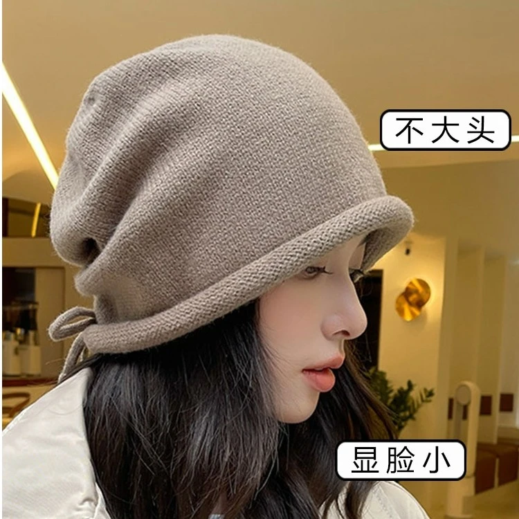 网红堆堆帽女秋冬日系显脸小包头冷帽大头围抽绳卷边针织毛线帽子