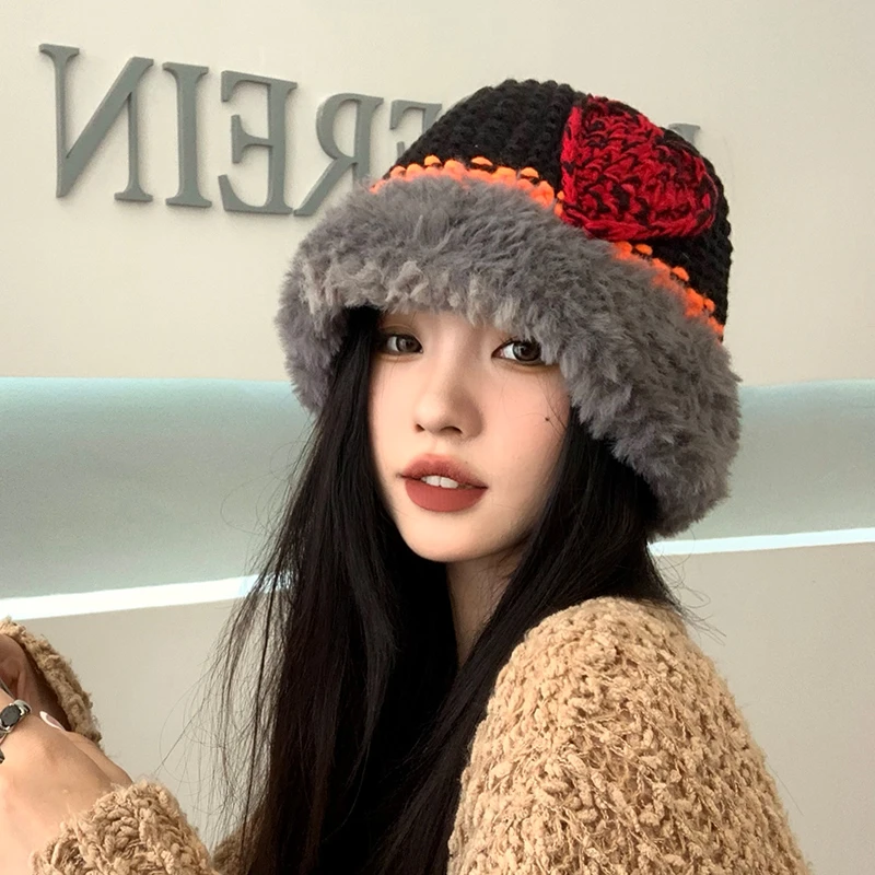 冬季爱心毛绒渔夫帽子女韩版新款保暖仿兔毛帽大头围显脸小毛线帽