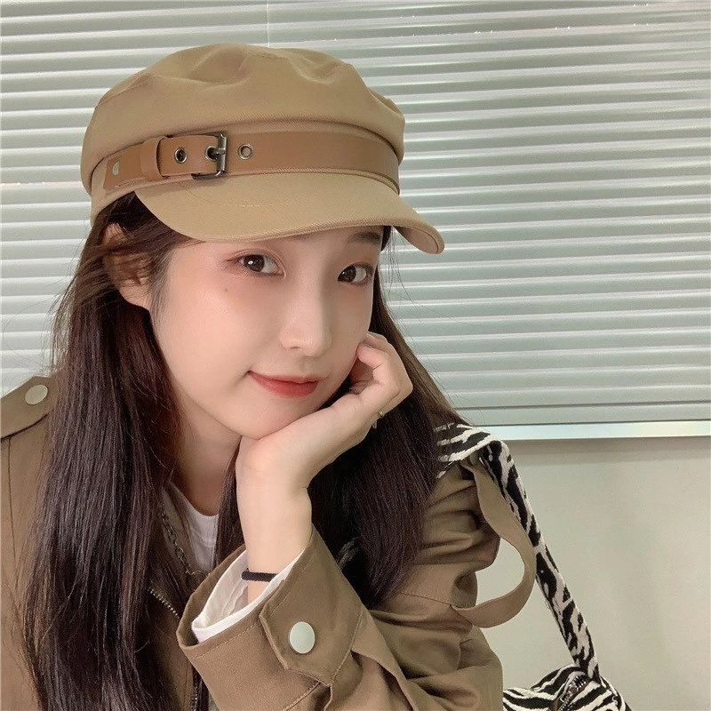 韩版ins画家帽皮带扣平顶短檐鸭舌帽子女春秋季英伦复古报童帽潮