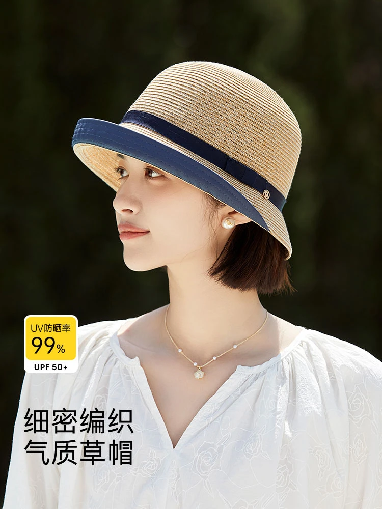 日式草帽女夏天遮阳凉帽卷沿赫本风百搭盆帽细草编织渔夫帽子女士