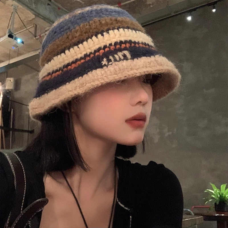 彩色条纹针织渔夫帽女春秋款多巴胺韩版显脸小盆帽日系大头围帽子