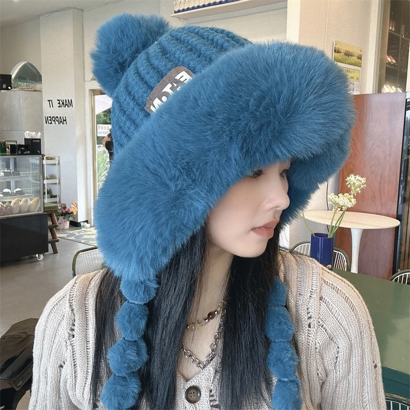 冬季加绒加厚护耳帽女户外骑行保暖甜美可爱针织帽防寒蒙古雷锋帽