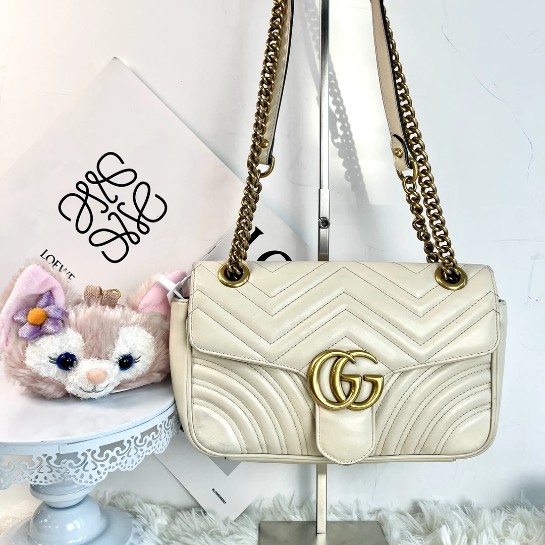 95新 GUCCI/古驰  XM/白色 马蒙26金标logo斜挎链条包/DG09312202