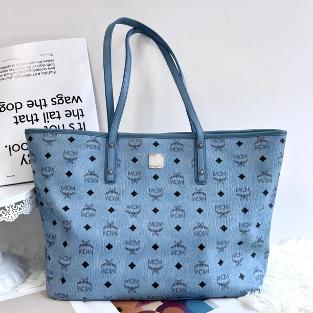 95新 MCM XM/天空蓝 ins拉链款 慵懒购物袋托特包/KK09808022