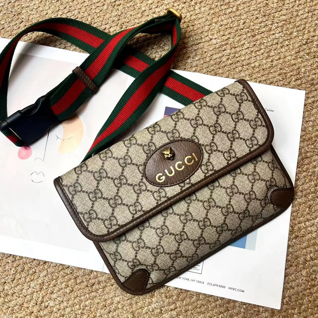 95新 GUCCI/古驰 XM/红绿编织带老花虎头胸包腰包/FR08226503