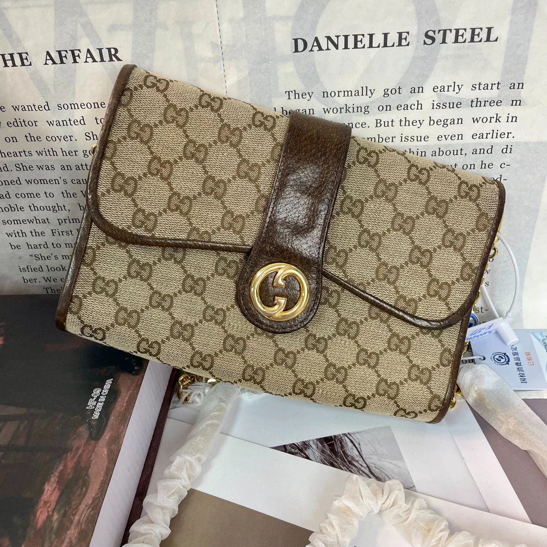 95新 GUCCI/古驰 XM/经典满印老花拼棕皮链条单肩包/T3NN08427024