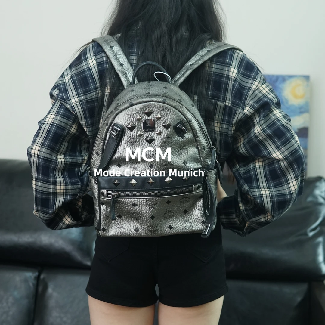 95新 MCM 黑银双肩包/SD09715003/5003
