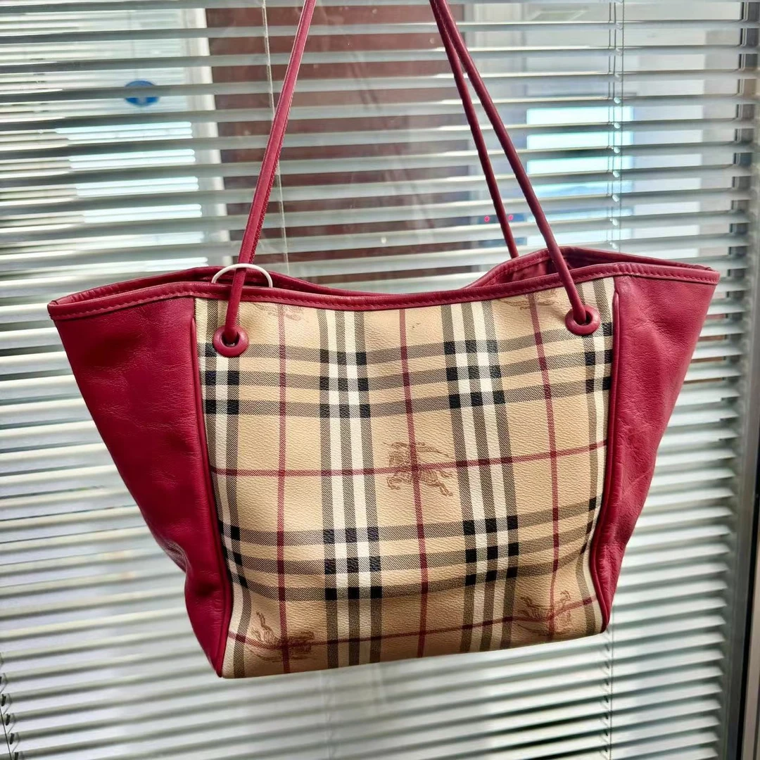 95新 BURBERRY/博柏利  XM/经典格纹拼红手提单肩包/THRX04829002