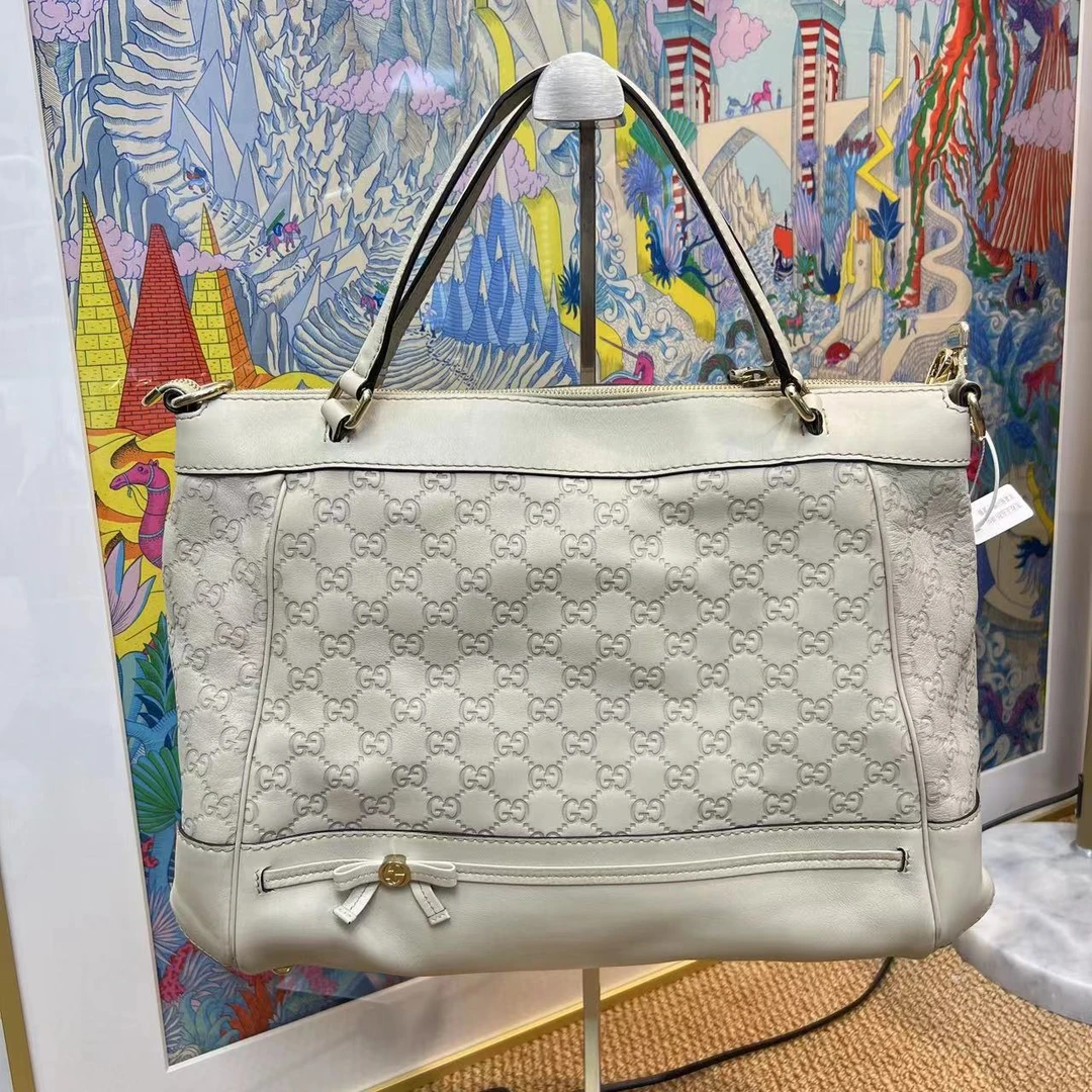 95新 GUCCI/古驰 XM/中古白色蝴蝶结手提斜挎托特包/F3ZC07521052