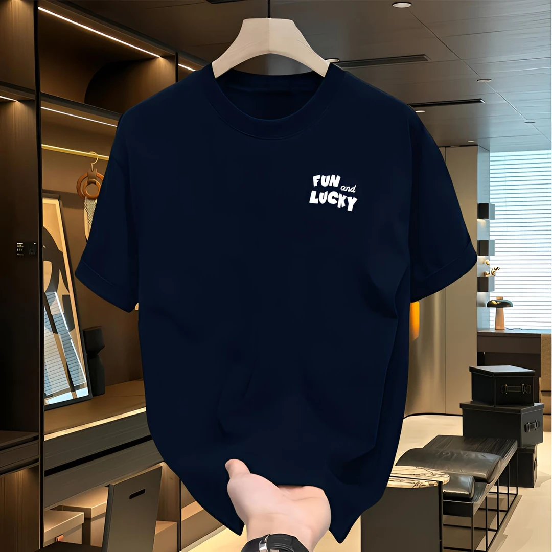 美式重磅纯棉藏青男士ins短袖t恤衣服高贵上档次男装印花半袖新款