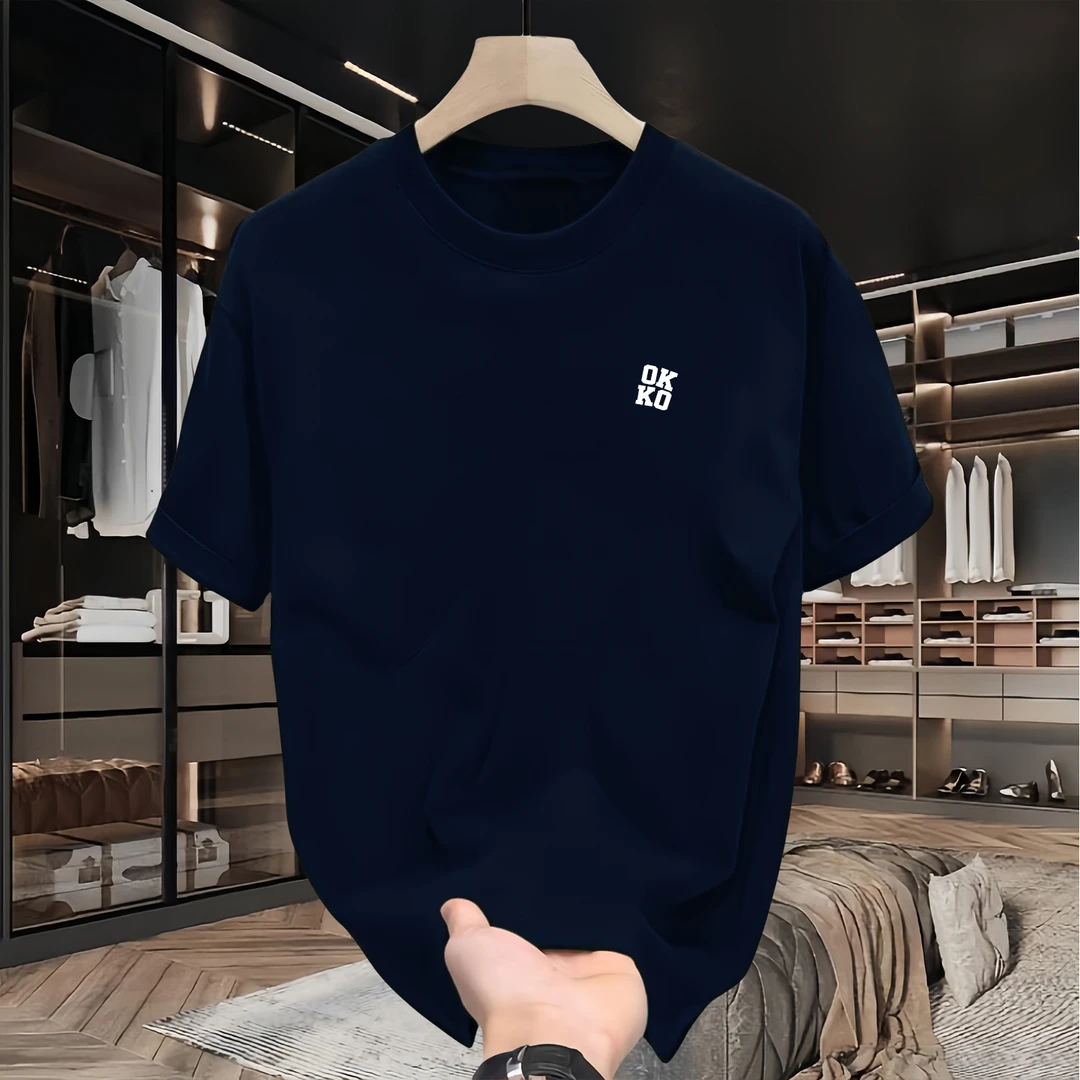 美式重磅藏青T恤个性字母印花短袖潮牌高贵上档次男装时尚百搭T恤