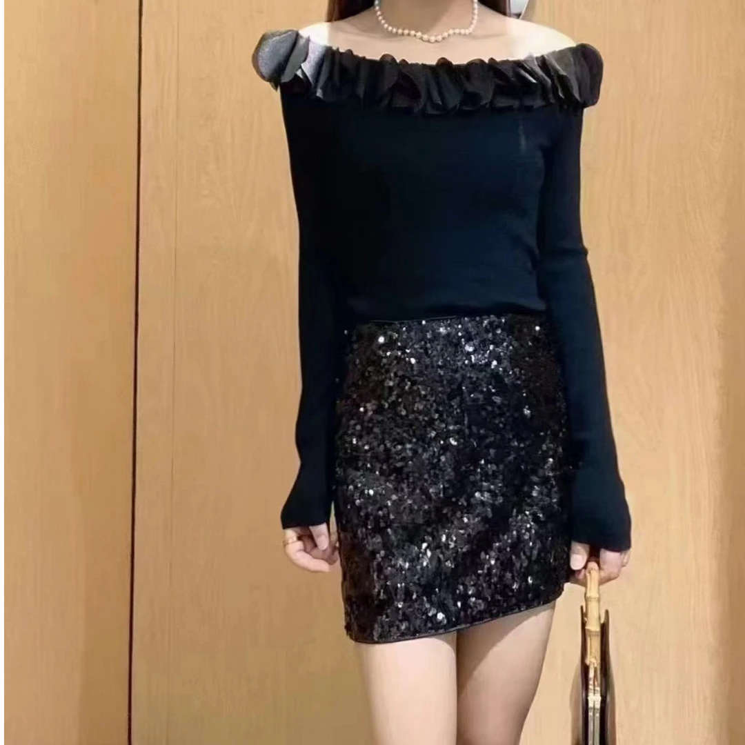 2024艾家同款黑色针织衫修身荷叶边百搭长袖41218067