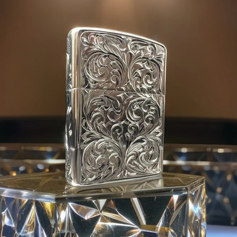 zippo镀银手雕唐草花-镀银两面五面唐草花纹个性复古盔甲DY9912FD
