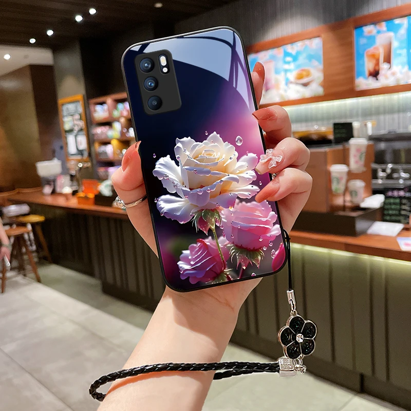 绽放玫瑰opporeno6pro手机壳Reno6玻璃女款挂绳reno6pro+高级全包