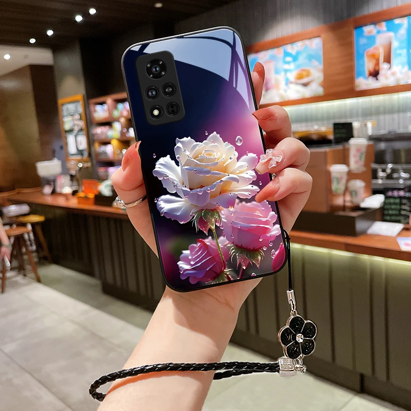 绽放玫瑰华为荣耀v40手机壳V40轻奢版玻璃v30pro/v30/v20挂绳防摔