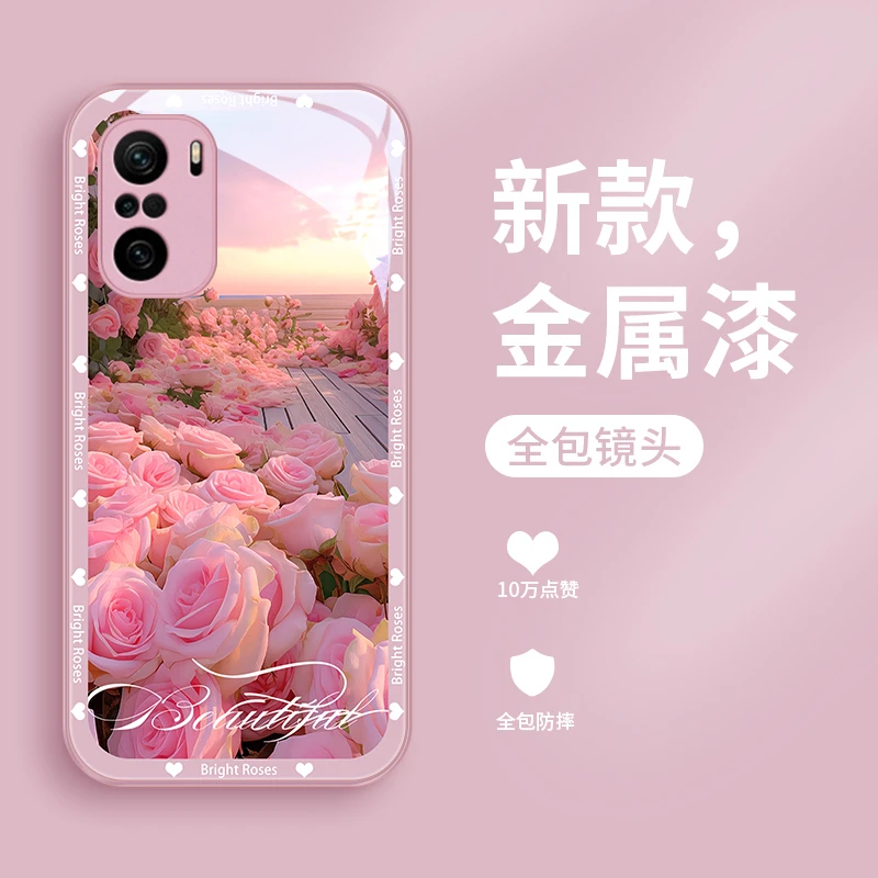 玫瑰花港适用小米红米k40手机壳K40pro玻璃k40s女款redmi推荐全包