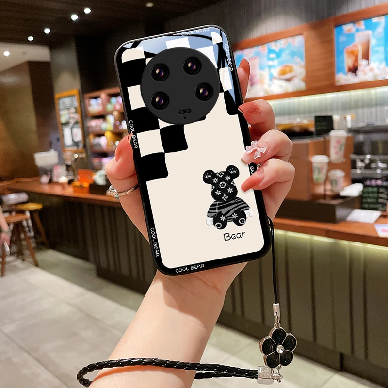 棋盘小熊适用小米13Ultra手机壳Mi13ultra女款玻璃挂绳高级感保护