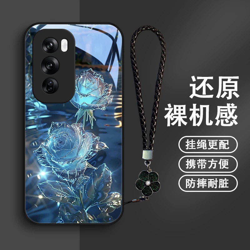 蓝夜玫瑰适用OPPOReno12手机壳reno12pro挂绳reno12pro+玻璃保护