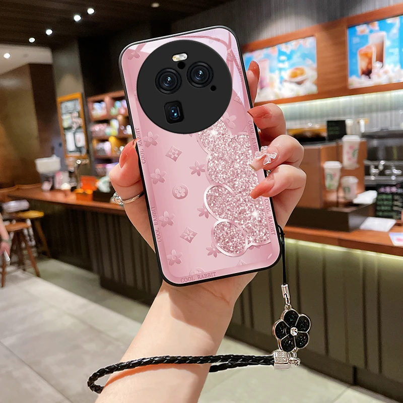 闪粉小兔适用oppofindX6手机壳FindX6pro玻璃女款高级挂绳硅胶防