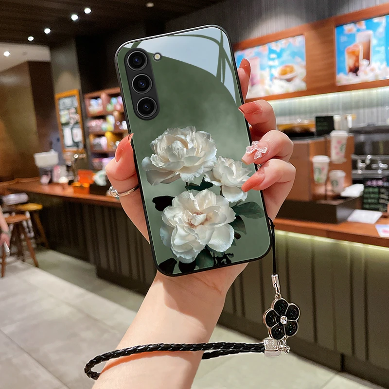 洁白花朵三星S23手机壳GalaxyS23+防摔全包s23Ultra玻璃女款高级