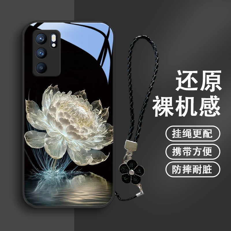 水光莲花适用opporeno6pro手机壳Reno6玻璃女款时尚挂绳reno6pro