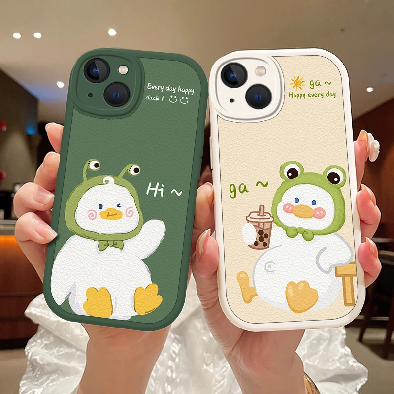 超萌鸭适用苹果15手机壳iPhone15pro卡通散热5G小羊皮保护套镜头